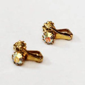 1960s  Double Sided AB Crystal & Crystal Gold Clip On Earrings | VTG | Vintage